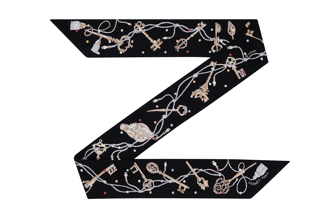 (Women) HERMES Twilly Silk Scarf Polka Dot Key Design Black for Women. H063871S-04