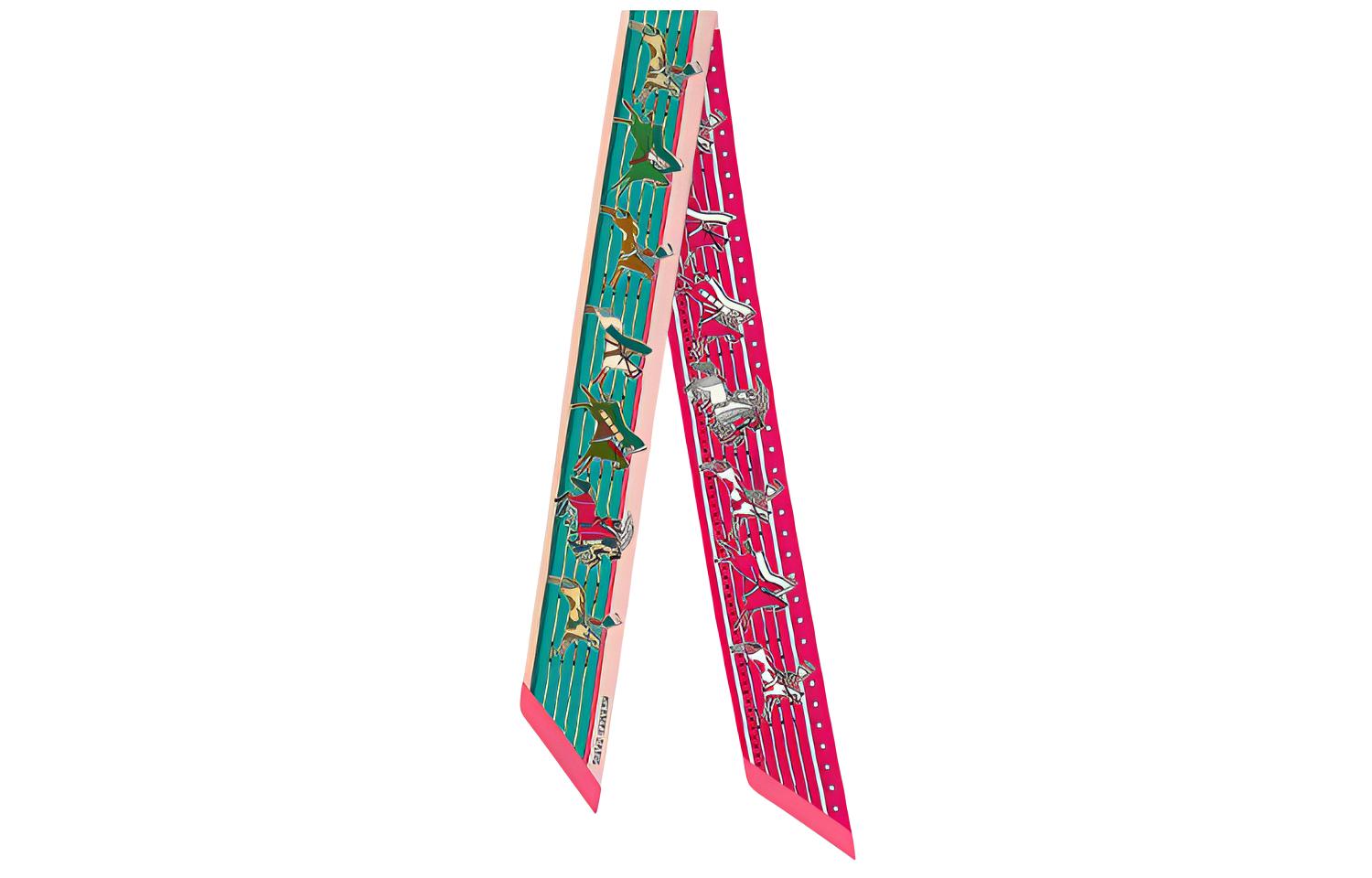 (Women) HERMES Twilly Silk Scarf Ribbon, Duck Green & Pink () H063587S-03