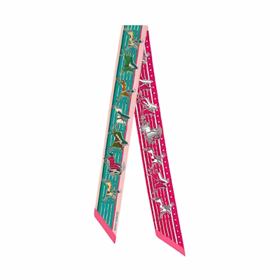 (Women) HERMES Twilly Silk Scarf Ribbon, Duck Green & Pink () H063587S-03