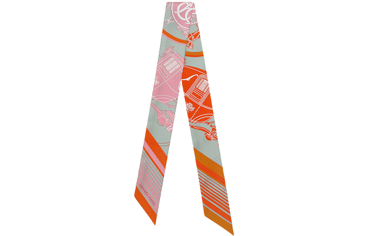 (Women) HERMES Twilly Silk Scarf Ribbon Ex-Libris Orange H063791S-06