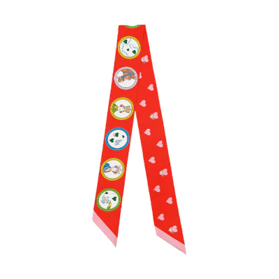 (Women) HERMES Twilly Silk Scarf Ribbon for Women - Red Afternoon Tea Theme. H063782S-16