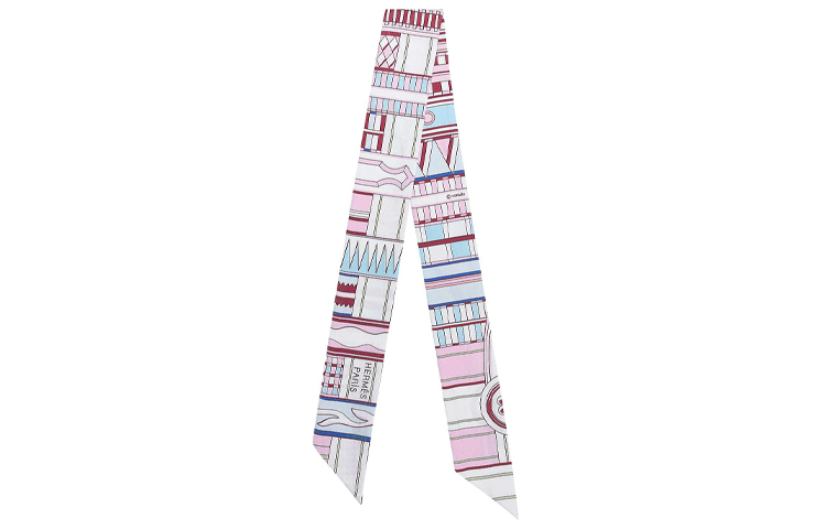 (Women) HERMES Twilly Silk Scarf Rose Red/Sky Blue/Bordeaux - Accessory H063516S11