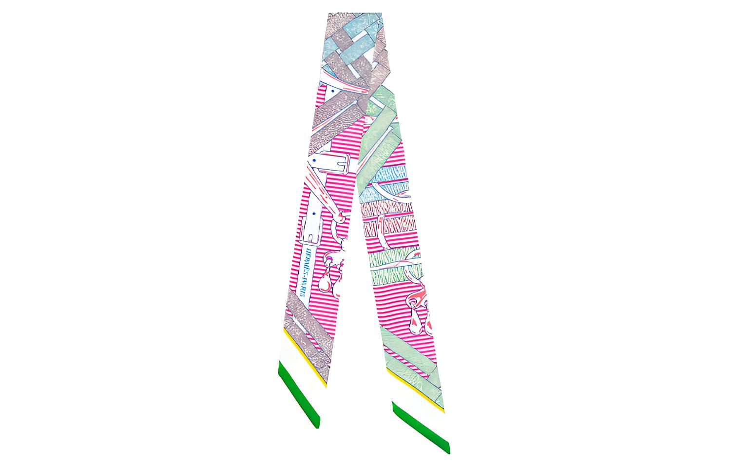 (Women) HERMES Twilly Silk Scarf Vert Rose Brown Green Pink Equestrian Design. H063419S-21