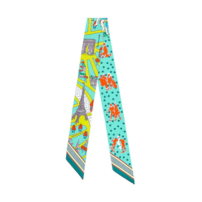 (Women) HERMES Twilly Silk Scarf Women Green 'In the Heart of Paris'. H063329S-05