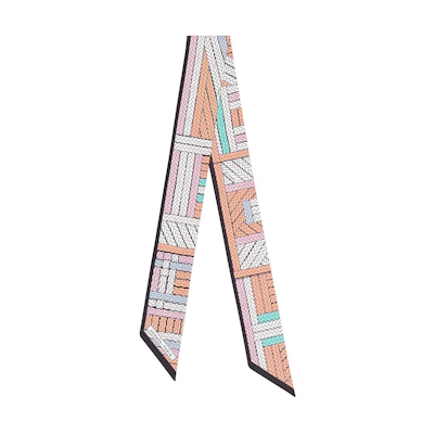 (Women) HERMES Twilly Tresses H Scarf White/Brown Silk Scarf. H063847S 12
