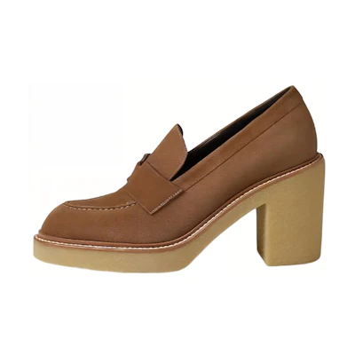 (W) HERMES Velvet CMFT 7cm High Heels 'Elegant Chunky Heel Brown'