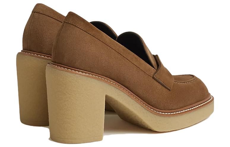 Shop (W) HERMES Velvet Comfort Tumit Tinggi 7cm 'Elegan Tumit Blok Coklat' H212053Z-E5