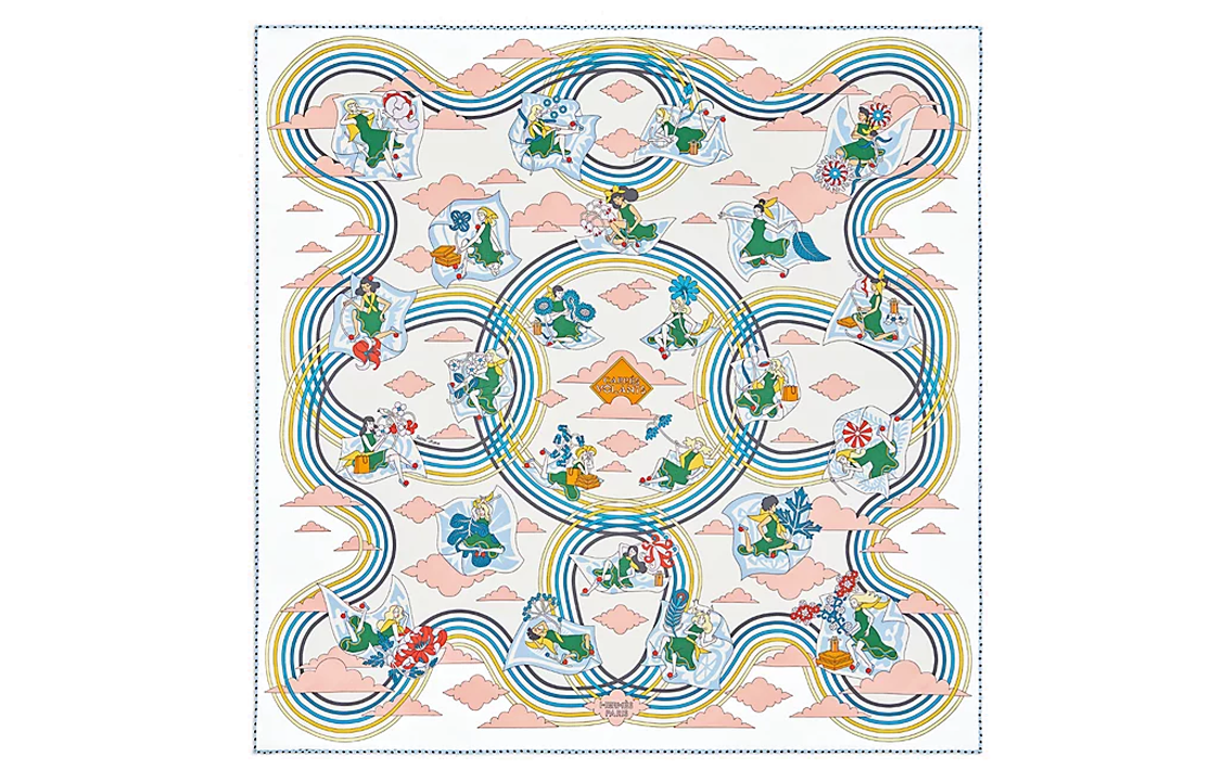 (Women) HERMES White Silk Scarf 70x70cm with Girl in Leaf Dress Pattern for Women H983849S-31