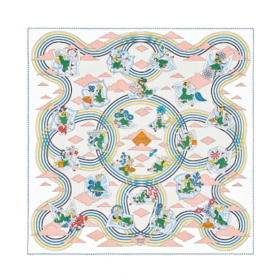 (Women) HERMES White Silk Scarf 70x70cm with Girl in Leaf Dress Pattern for Women H983849S-31