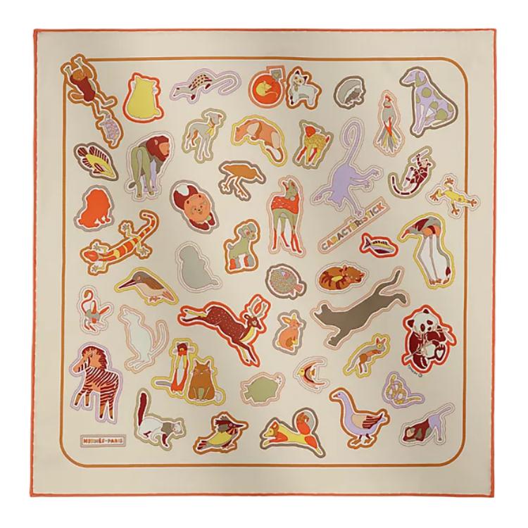 (Women) HERMES Women Cartoon Animal Print Silk Scarf Cream/Orange. H894219S02