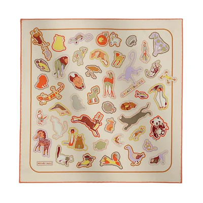(Women) HERMES Women Cartoon Animal Print Silk Scarf Cream/Orange. H894219S02
