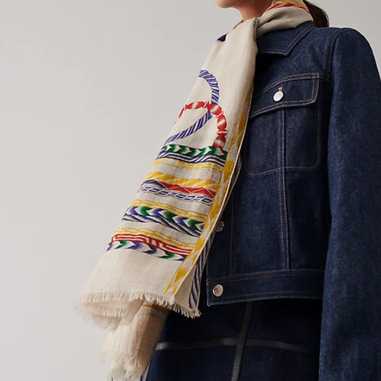 (Women) HERMES Women’s Yellow Knit Scarf with Striped Geometric Jacquard Design. H563898S01 圖 3