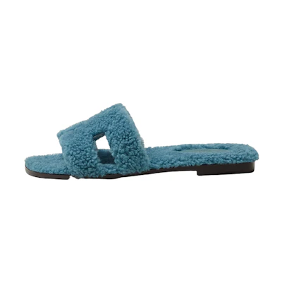 (W) HERMES Wool-Lined Slip-On Slippers 'Blue'