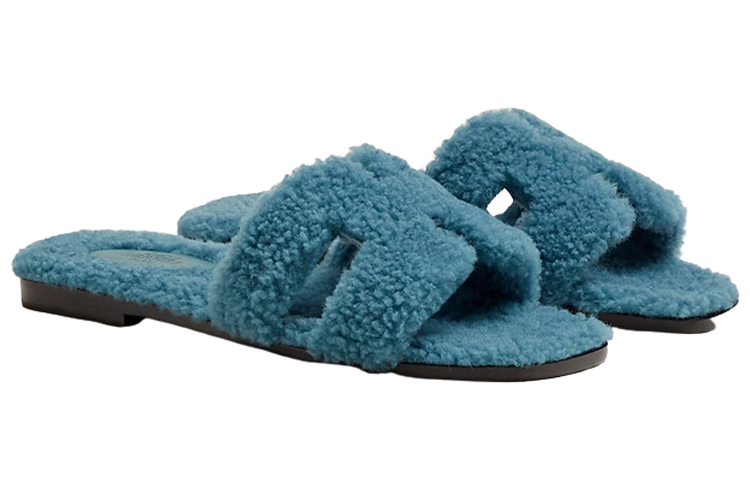 (W) HERMES Wool-Lined Slip-On Slippers 'Blue' 圖 2