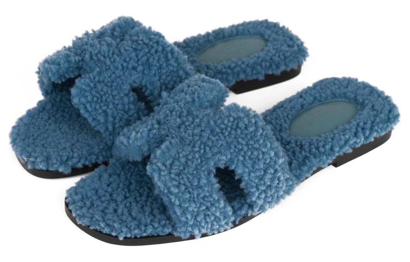 (W) HERMES Wool-Lined Slip-On Slippers 'Blue' 圖 4