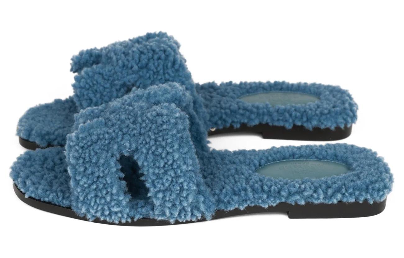 (W) HERMES Wool-Lined Slip-On Slippers 'Blue' 圖 5