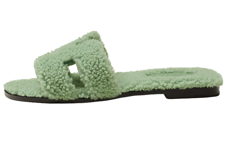 (Women) HERMES Wool-Lined Slip-On Slippers 'Green' H212178Z-6A