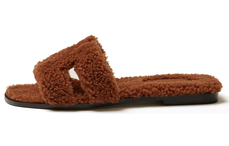 (Women) HERMES Wool-Skin Slip-On Slides 'Brown' H212178Z-C0