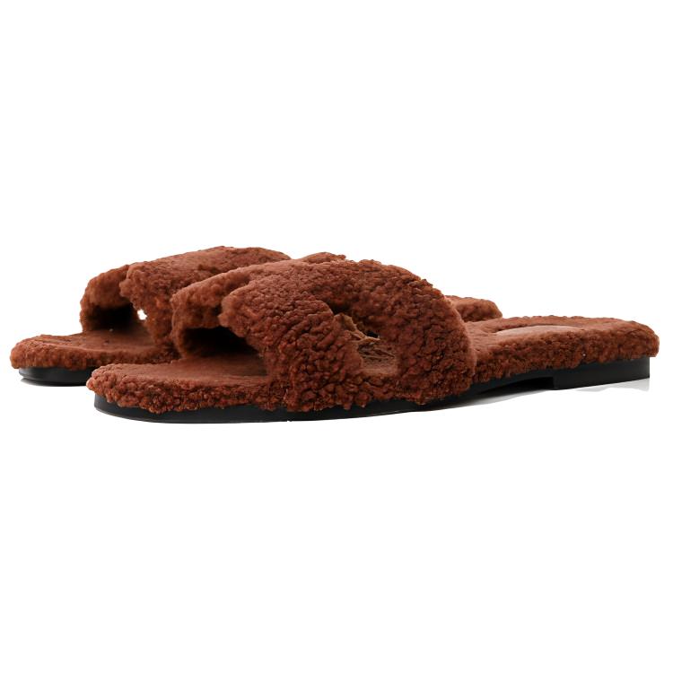 Order (Women) HERMES Wool-Skin Slip-On Slides 'Brown' H212178Z-C0