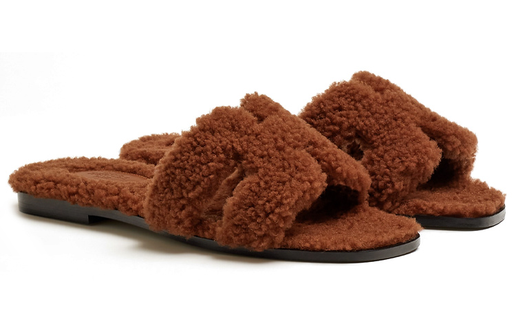 Lookbook (Women) HERMES Wool-Skin Slip-On Slides 'Brown' H212178Z-C0