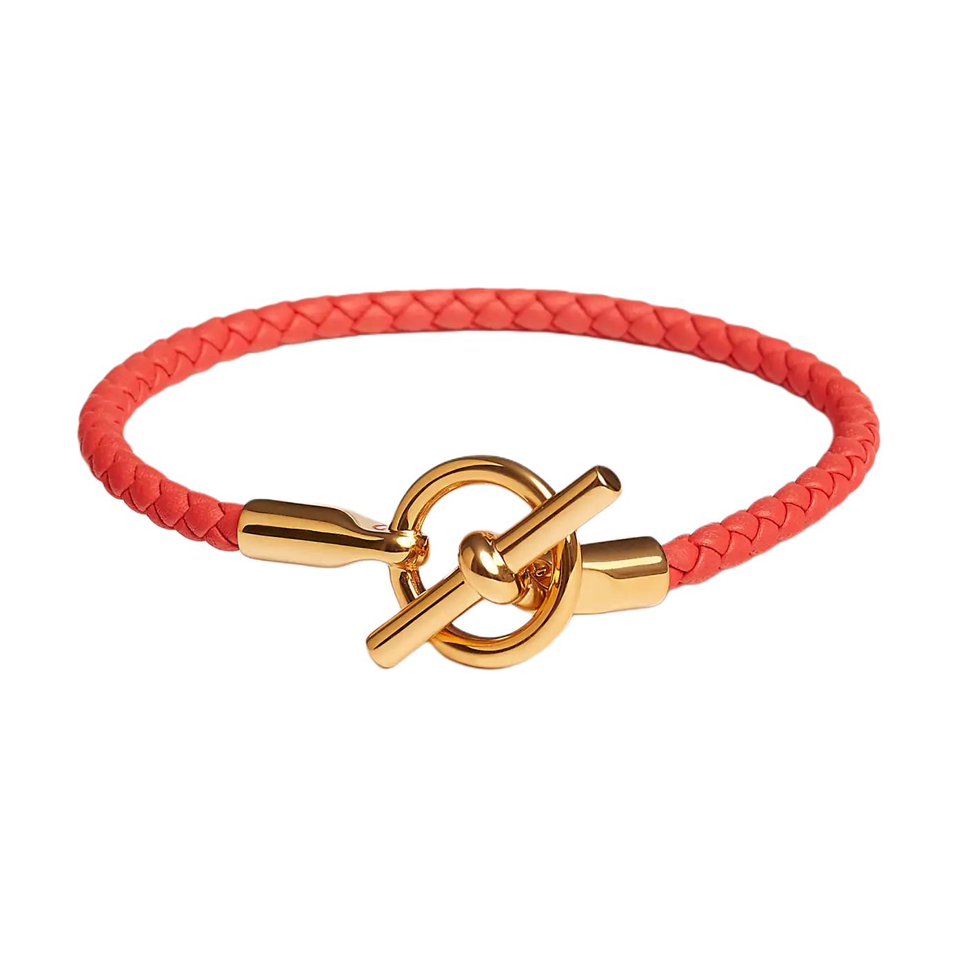 (Women) HERMES Woven Design Calfskin Leather Bracelet Orange for Women. H071681F G0T2