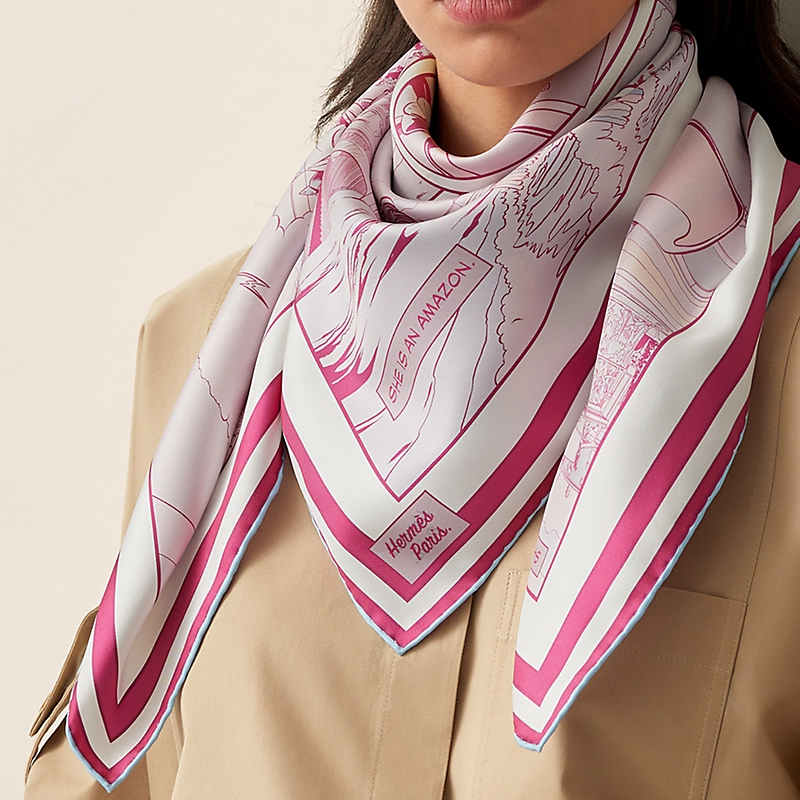 (Women) HERMES WOW 90cm Silk Scarf Mont Blanc/Vertical/Rose Pink. H903463S-05 圖 5