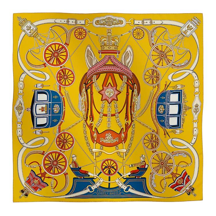 (Women) HERMES Yellow Silk Scarf for Women with "Wheel of Prestige" Design. H004163S-10