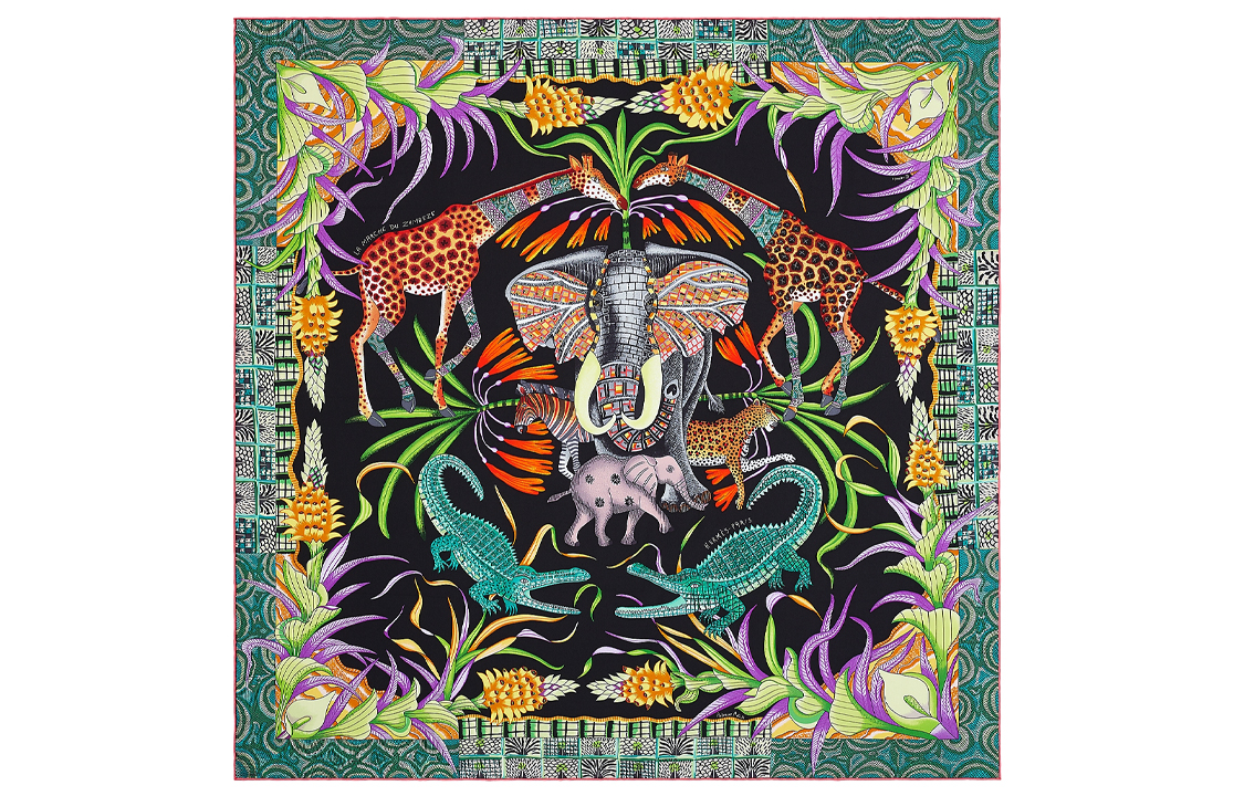 (Women) HERMES Zambezi River Celebration 90cm Scarf Black/Green/Orange H002987S-18
