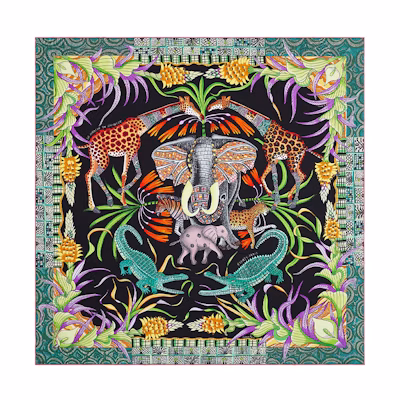(Women) HERMES Zambezi River Celebration 90cm Scarf Black/Green/Orange H002987S-18
