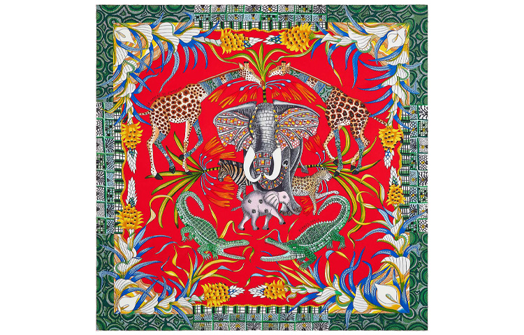 (Women) HERMES Zambezi River Festival 90cm Silk Scarf - , Red/Green/Multi-color H002987S-17