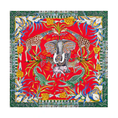 (Women) HERMES Zambezi River Festival 90cm Silk Scarf - , Red/Green/Multi-color H002987S-17