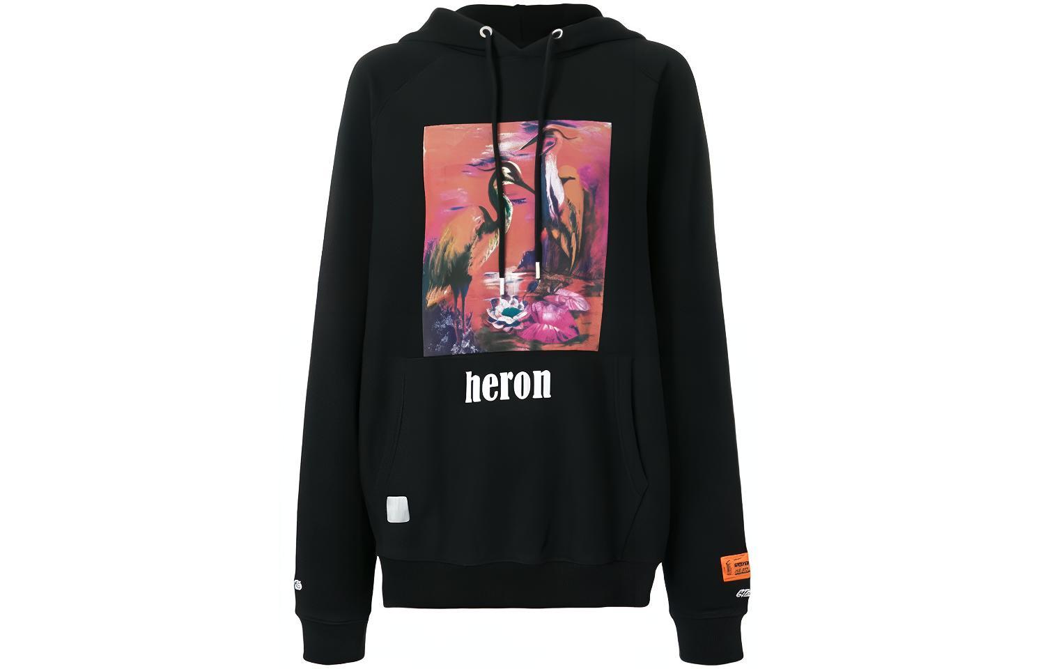 (Women) Heron Preston Black Hoodie with Colorful Crane Print HWBB005R197570261088