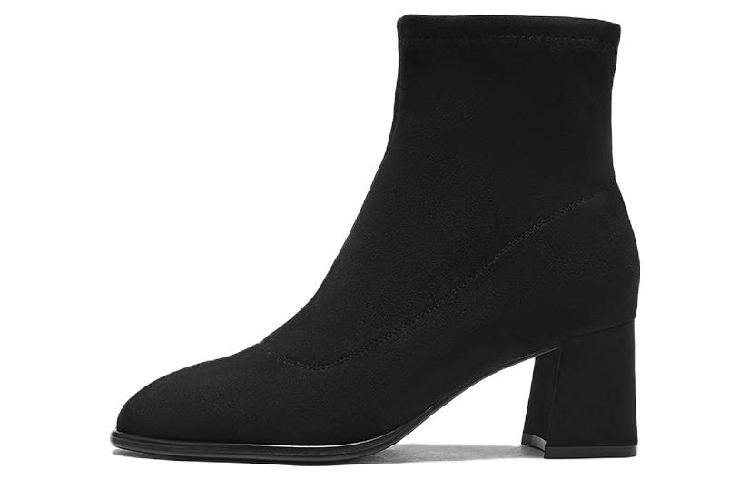 (Women) Hotwind Fabric Chunky Heel Short Boots 'Versatile Temperament Black' H84W2421