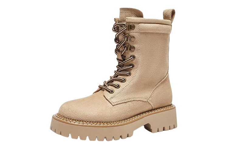 Lookbook (Women) Hotwind Fabric Round Toe Lace-Up 'Solid Color Thick Sole Short Martin Boots' H95W2820