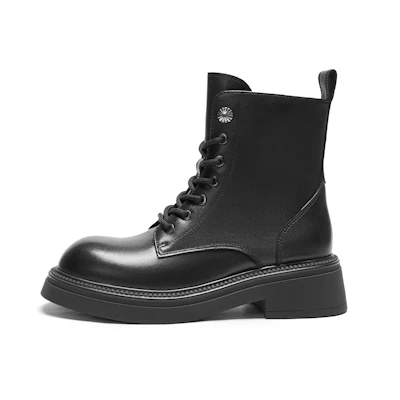 (W) Hotwind Leather 'British Retro Round Toe Lace-Up Martin Boots Black'
