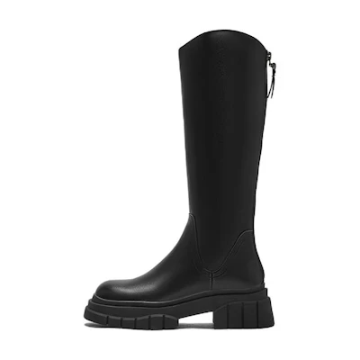 (W) Hotwind PU Chunky Heel Tall Boots 'Black Slimming Versatile'