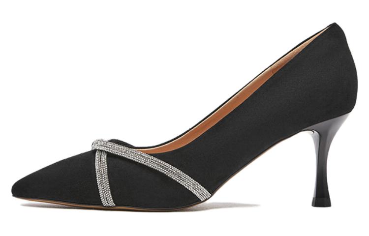 (Women) Hotwind Sheepskin Fashion Rhinestone Heels 7cm 'Black' 'Elegant Stiletto' H04W3106