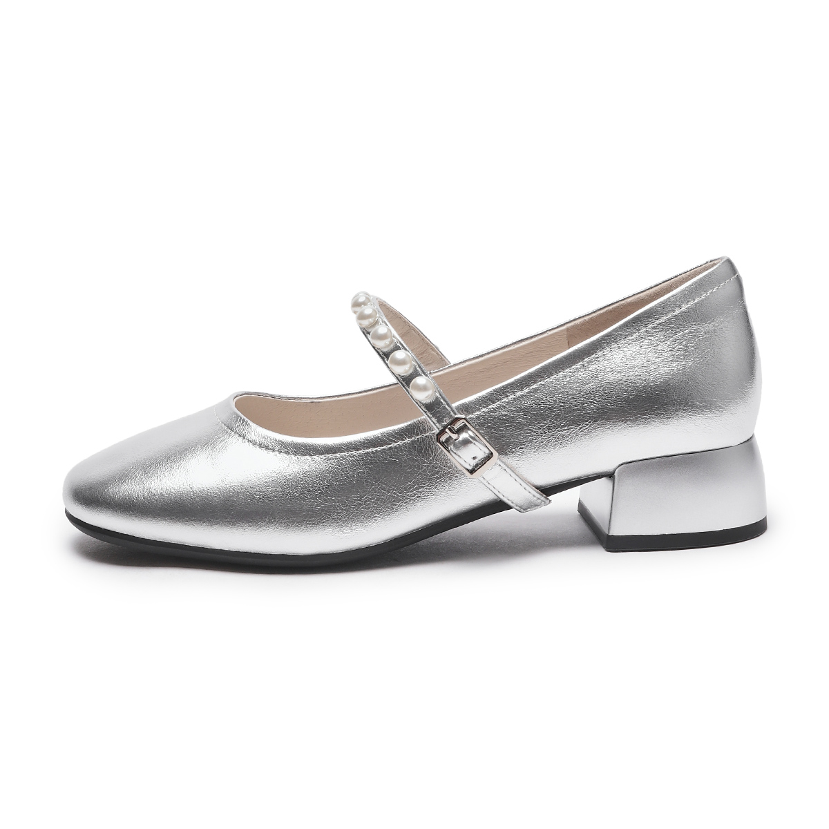 (Women) Hotwind Silver Mary Jane Shoes 3.5cm Heel - Elegant & Sweet Pearl Design H24W4308