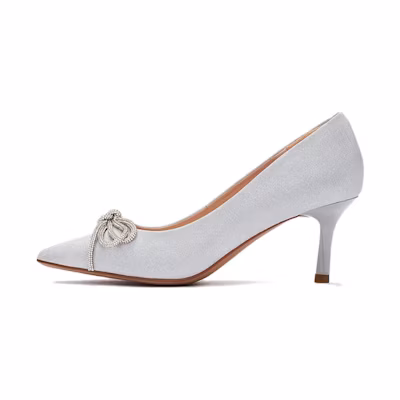 (W) Hotwind Synthetic Leather Slip-On Bow Pointed High Heels 'Silver Butterfly Knot'