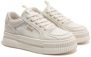 環球 HUANQIU PU 拼接平底休閒 低幫 板鞋 女款 米色 Shop 環球 HUANQIU PU 拼接平底休閒 低幫 板鞋 女款 米色