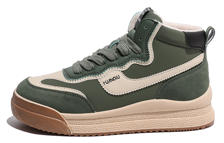 (Women) Huanqiu Retro High-Top Sneakers Green Faux Leather with Fleece. HQY-YH0108-1G