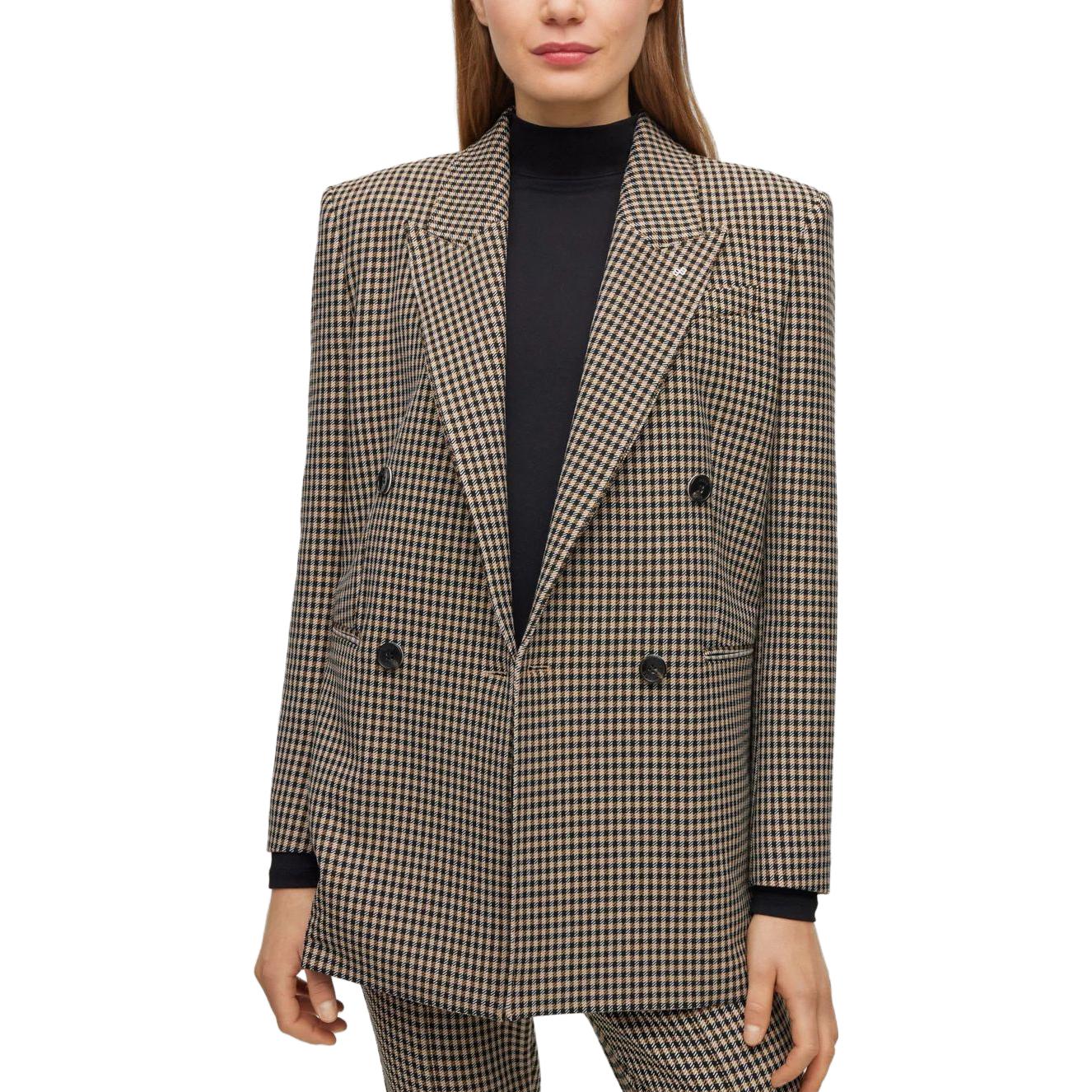 Shop (W) HUGO BOSS 格紋V領修身長袖咖啡色外套 50495846-260