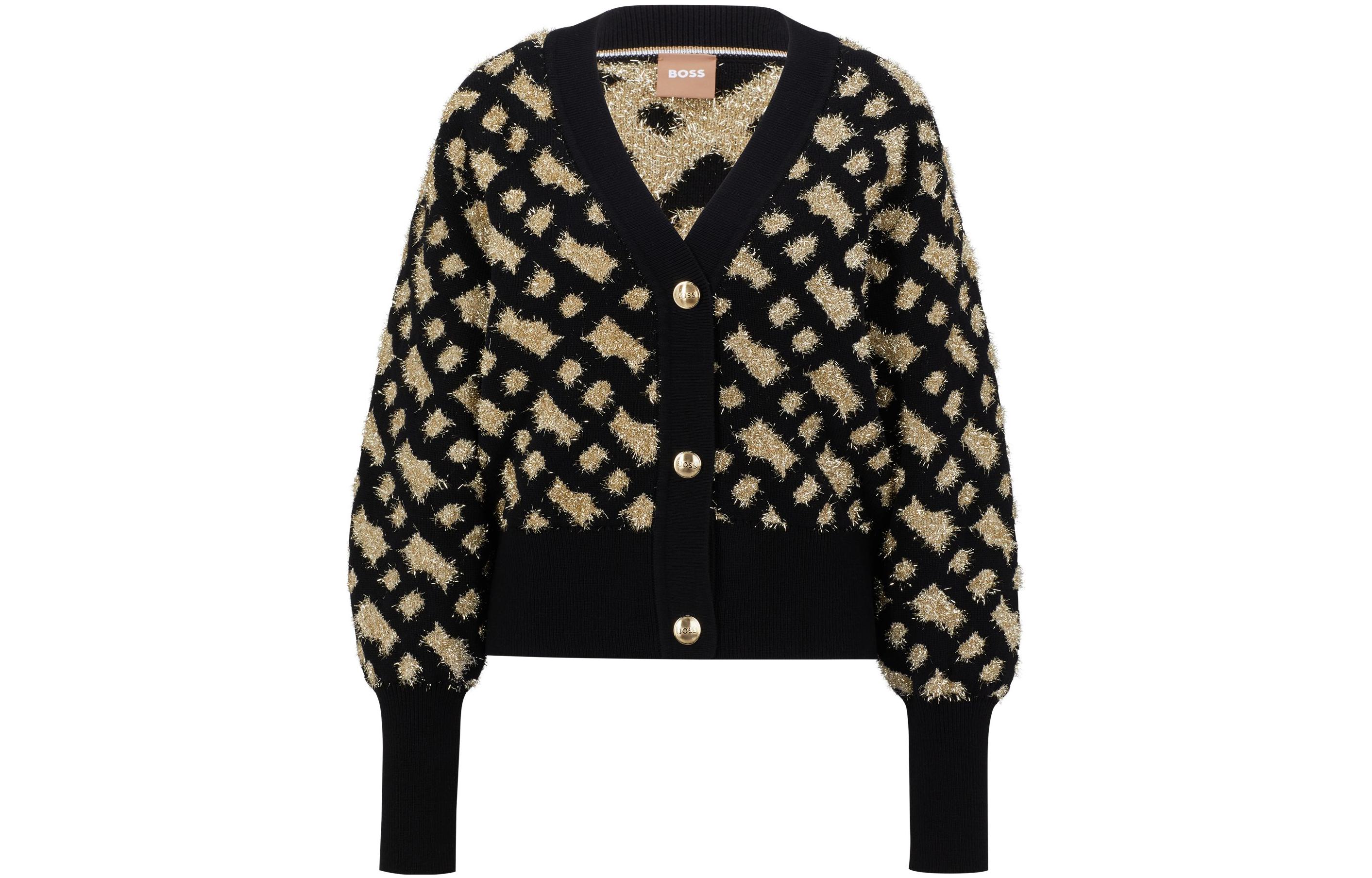 (Women) HUGO BOSS SS23 Black Gold Plaid Knit Cardigan Sweater 50483077-960