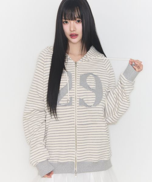 (Women) ILIGO 129 Logo Patch Hooded Zip-Up Stripe Ivory 24AWOUT09STIV
