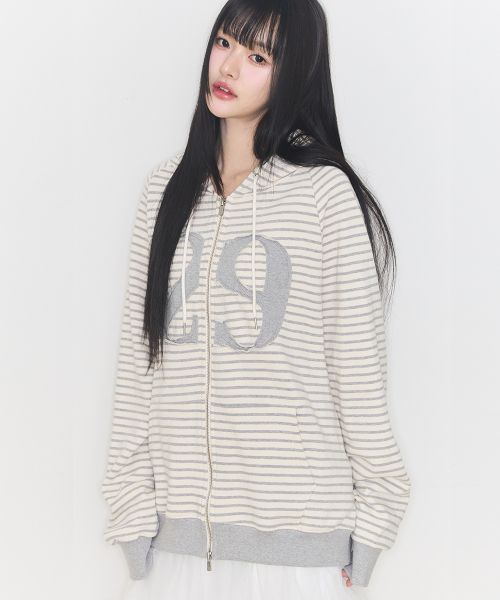 Order (W) ILIGO 129 徽章連帽拉鍊條紋外套 - 象牙色 24AWOUT09STIV