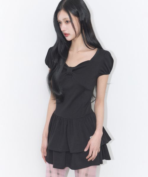 Lookbook (W) ILIGO 蝴蝶結喇叭短洋裝 黑色 26SMOPS01BK