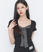 (Women) ILIGO Layered Ribbon Tie T-Shirt Black 26SMTOP14BK (Women) ILIGO Layered Ribbon Tie T-Shirt Black 26SMTOP14BK