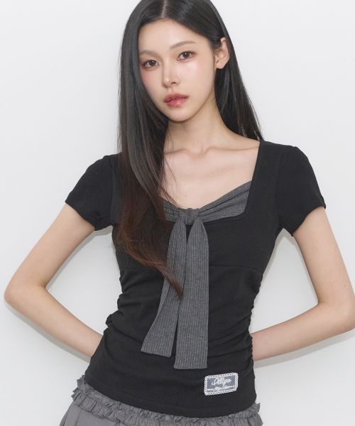 Lookbook (W) ILIGO 層次蝴蝶結綁帶短袖T恤 黑色 26SMTOP14BK