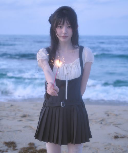 Shop (W) ILIGO百褶短袖洋裝深灰色帶蝴蝶結 26SMOPS03CH