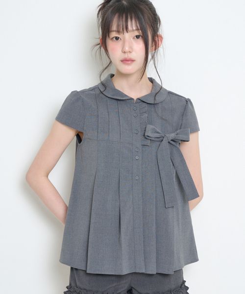 (Women) Iligo Ribbon Pleated Short-Sleeve Blouse Gray 26SMTOP32GY